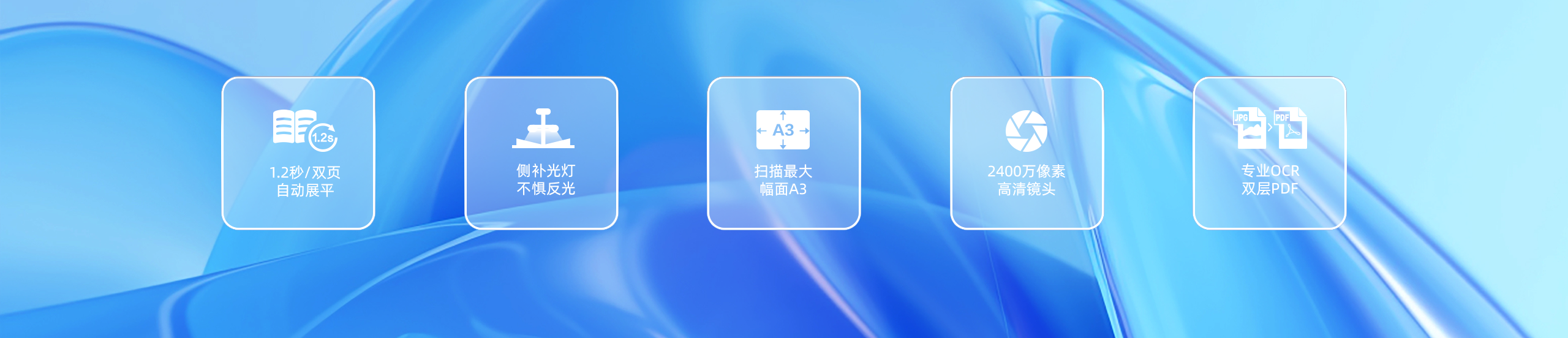 1.2秒/双页 自动展平、侧补光灯 不惧反光、扫描最大 幅面A3、2400万像素 高清镜头、专业OCR 双层PDF