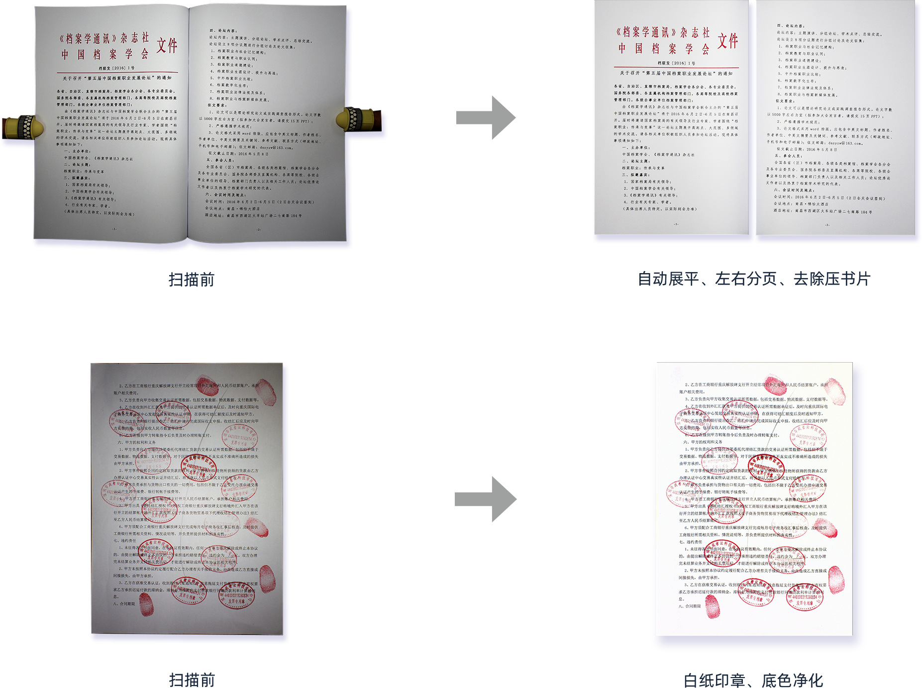 扫描前、自动展平、左右分页、去除压书片、扫描前、白纸印章、底色净化